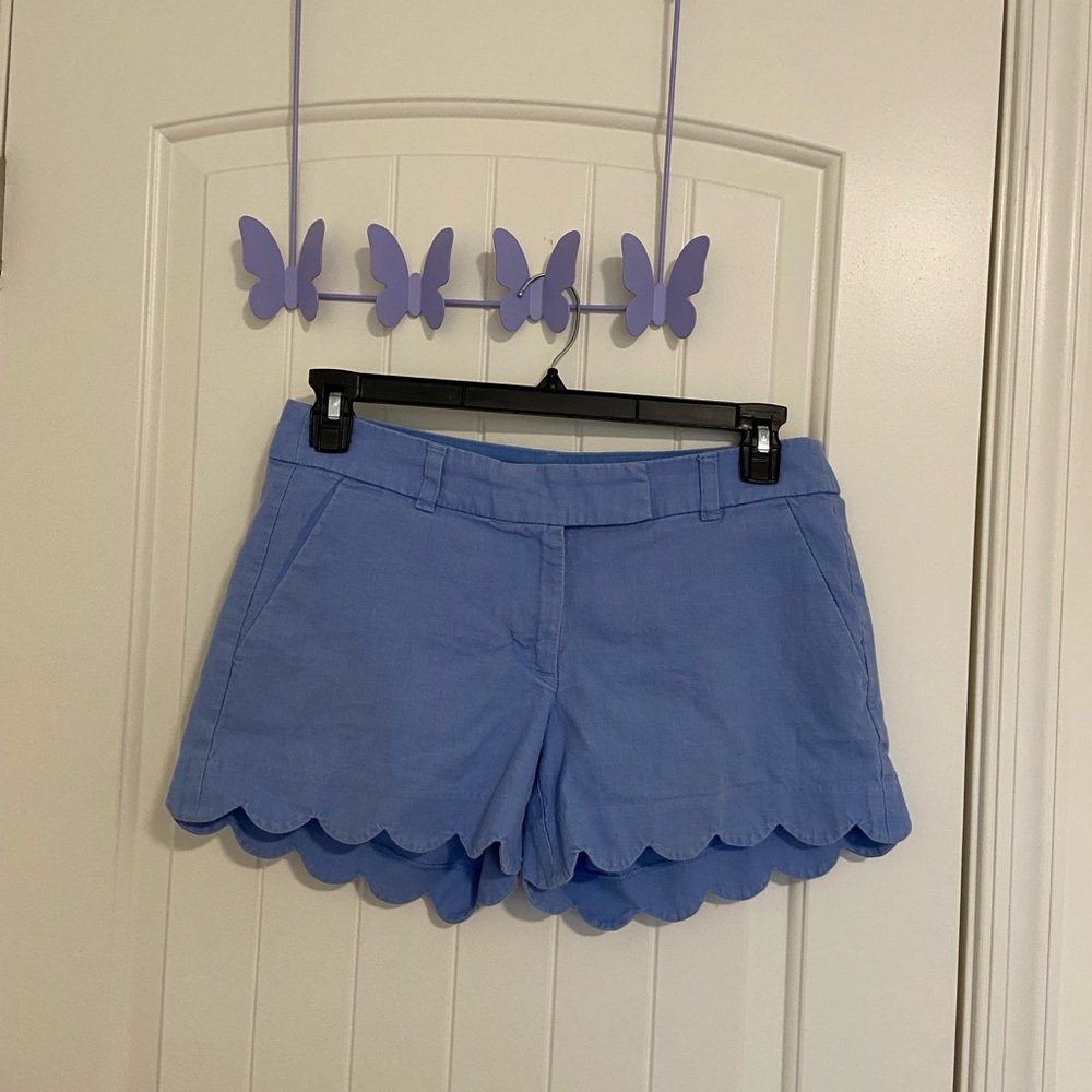 J Crew women’s pale blue scalloped linen blend short shorts lightweight casual 6